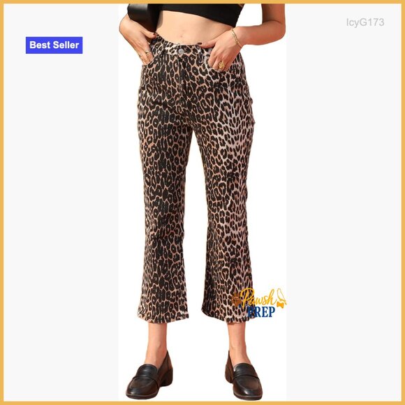 Denim - Cropped Mid Rise Stretchy Flared Denim Jeans, Leopard Print